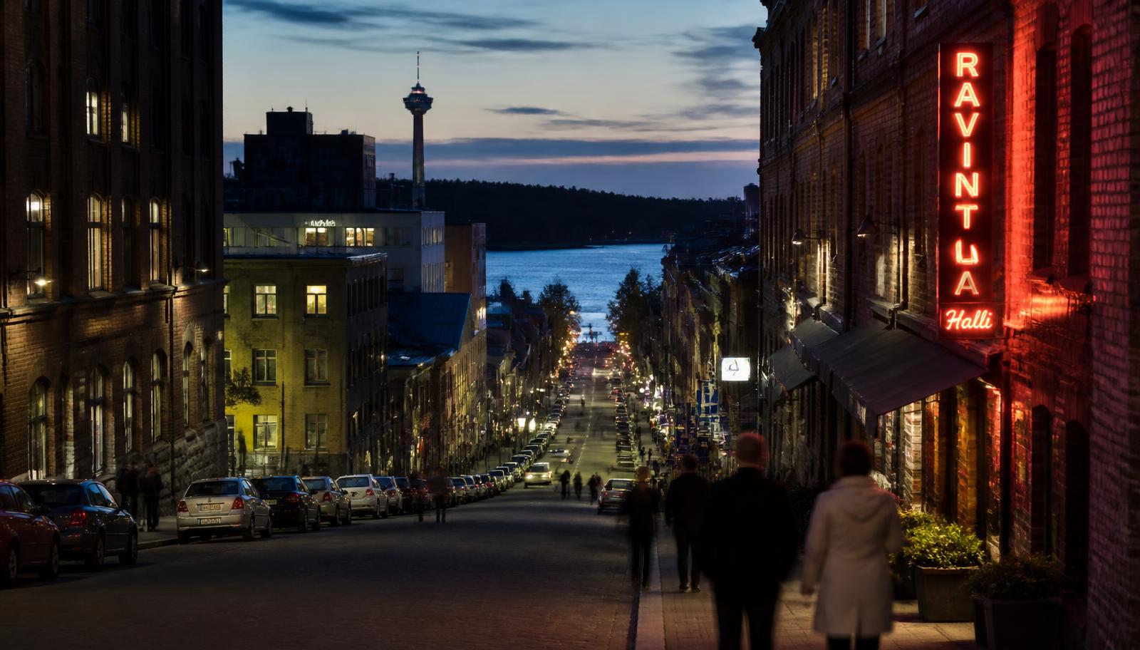Tampere city street at dusk between the two lakes