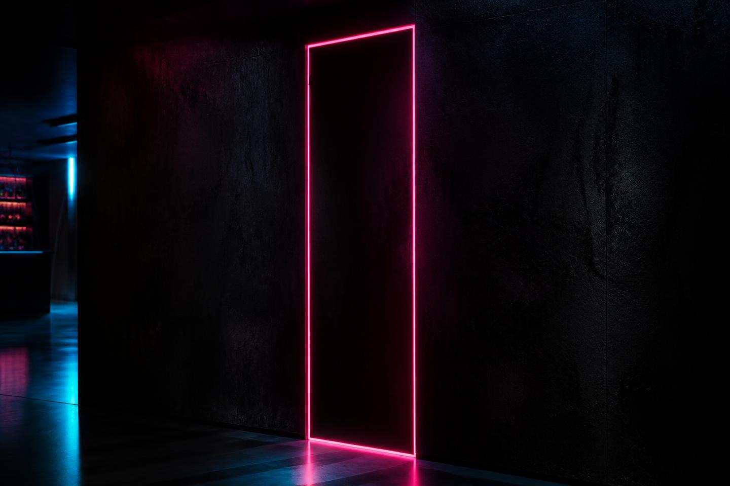 A discreet doorway lit at night
